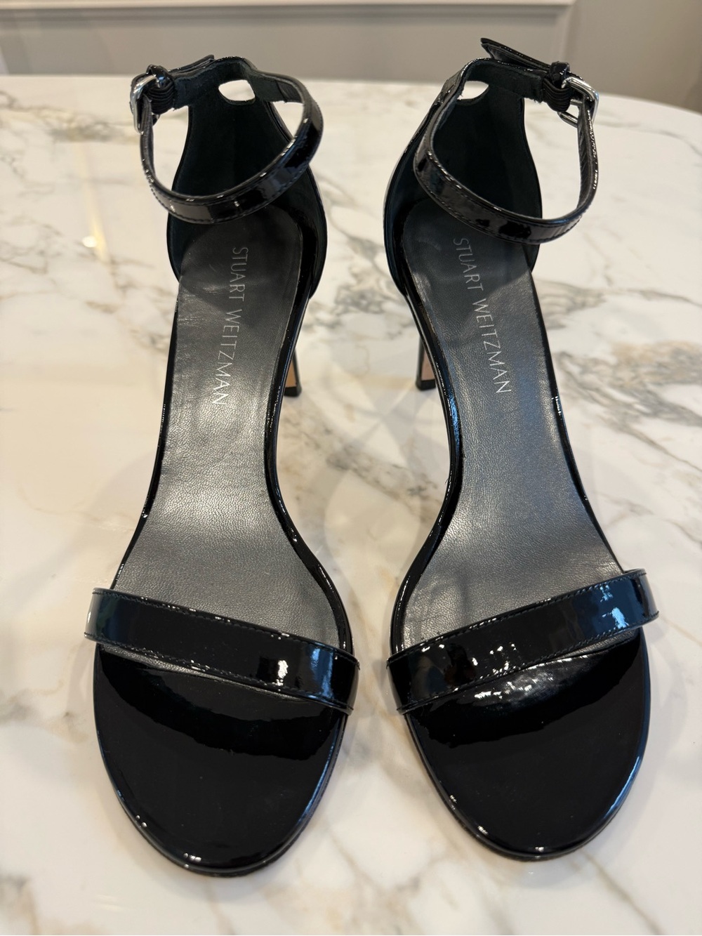 Stuart Weitzman Black Patent Leather Ankle Strap Heels size 8.5